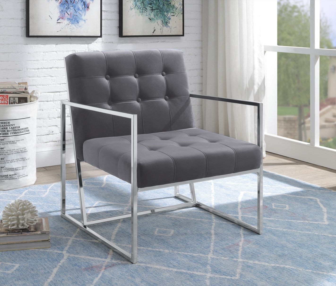 Modern Grey Velvet Accent Chair Arrow Furniture   4405GY Chair Crop 1422x1210 