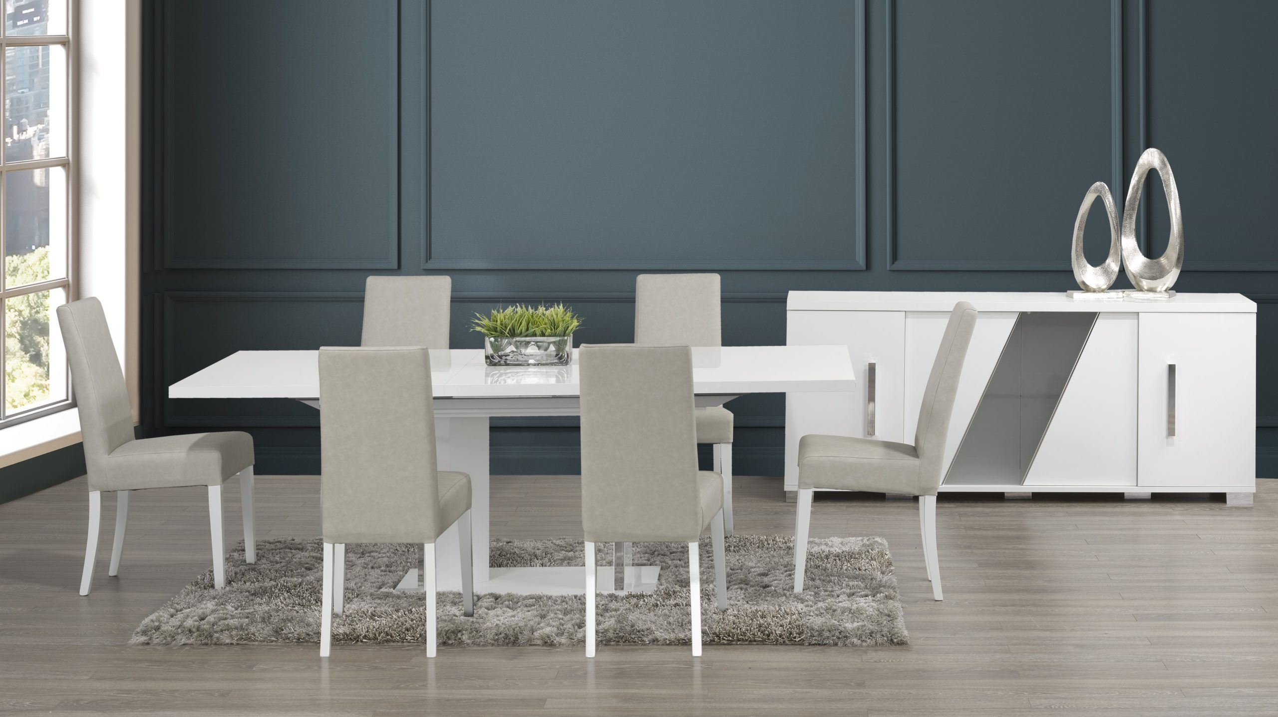 White dining table with grey online chairs