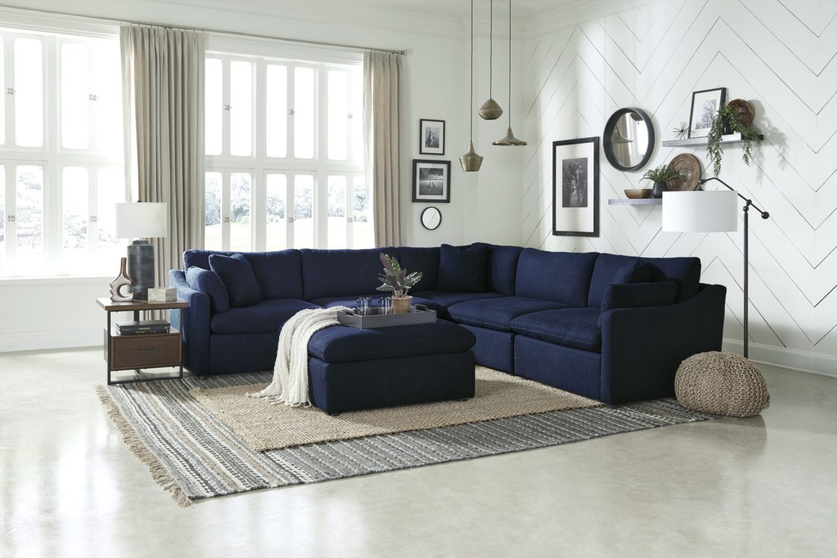 CONTEMPORARY MODULAR NAVY SECTIONAL Arrow Furniture   9544NV 6pc Modular Sectional With Ottoman Lifestyle 2 1200x800 