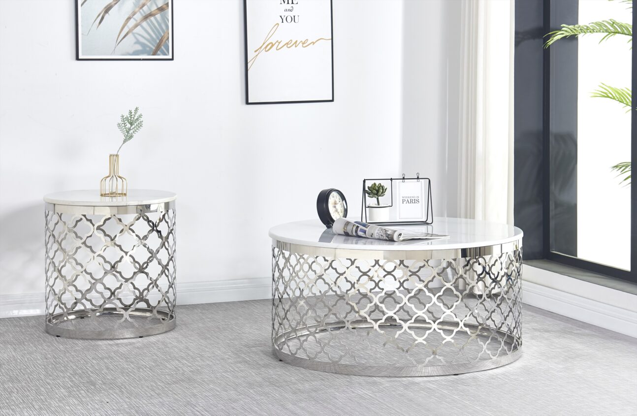 Modern Faux Marbled Stone and Chrome Occasional Tables - Image 3